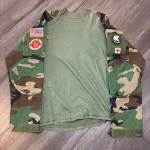 Tru Spec Combat Shirt Mens M Cordura Woodland Camo Patches Tactical Base Layer